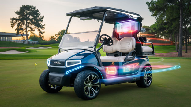 Futuristic Zoxcell SuperNova battery powering a high-performance golf cart on a lush green course.